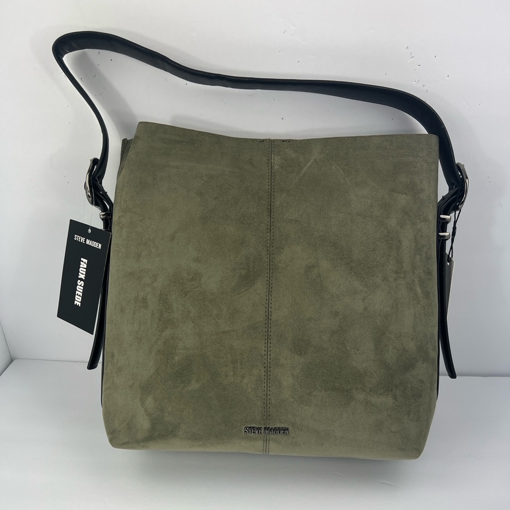 STEVE MADDEN FAUX SUEDE, BIMMY BUCKEY SHOULDER BAG, OLIVE COLOR BLACK STRAP